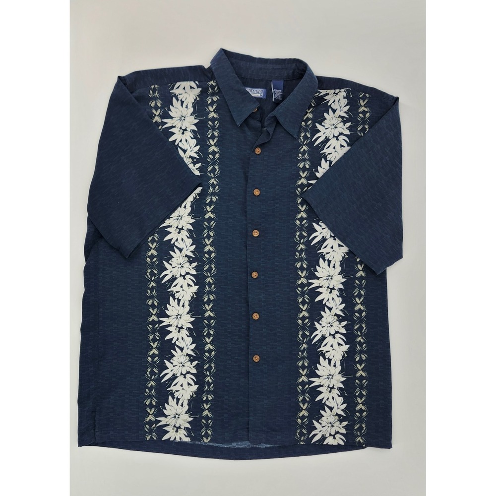 Premier International Mens 2XL Navy Blue Tropical Floral Button Down Camp Shirt